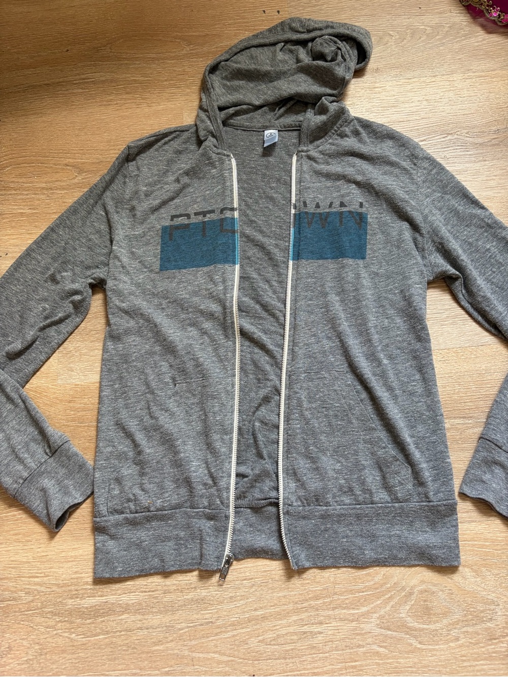 Alternative Gray Zip-Up Hoodie with Blue Chest Graphic